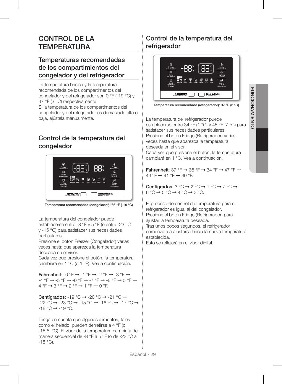 Control de la temperatura, Control de la temperatura del congelador, Control de la temperatura del refrigerador | Samsung RF23HSESBSR-AA User Manual | Page 85 / 168