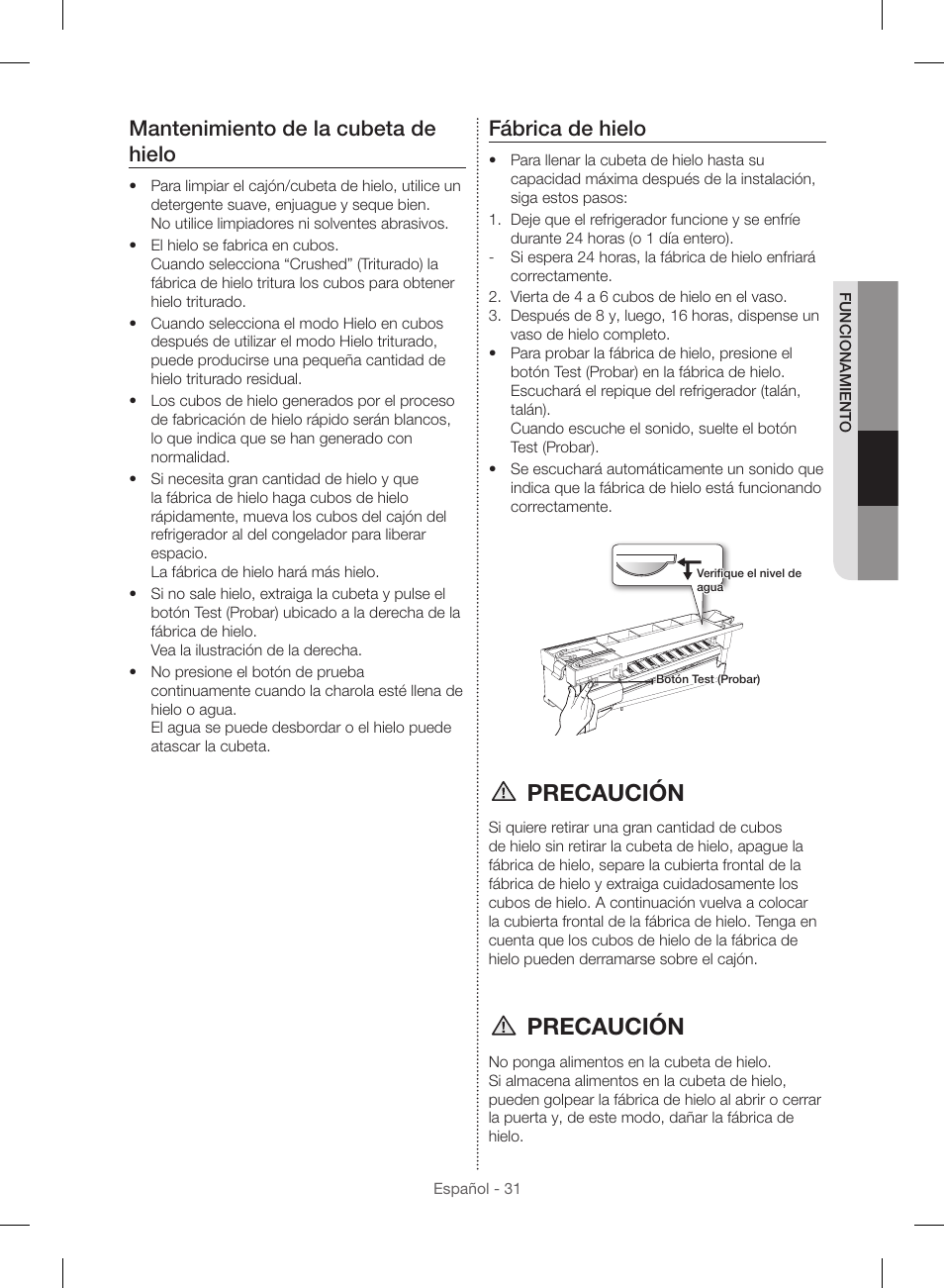 Precaución, Mantenimiento de la cubeta de hielo, Fábrica de hielo | Samsung RF23HSESBSR-AA User Manual | Page 87 / 168