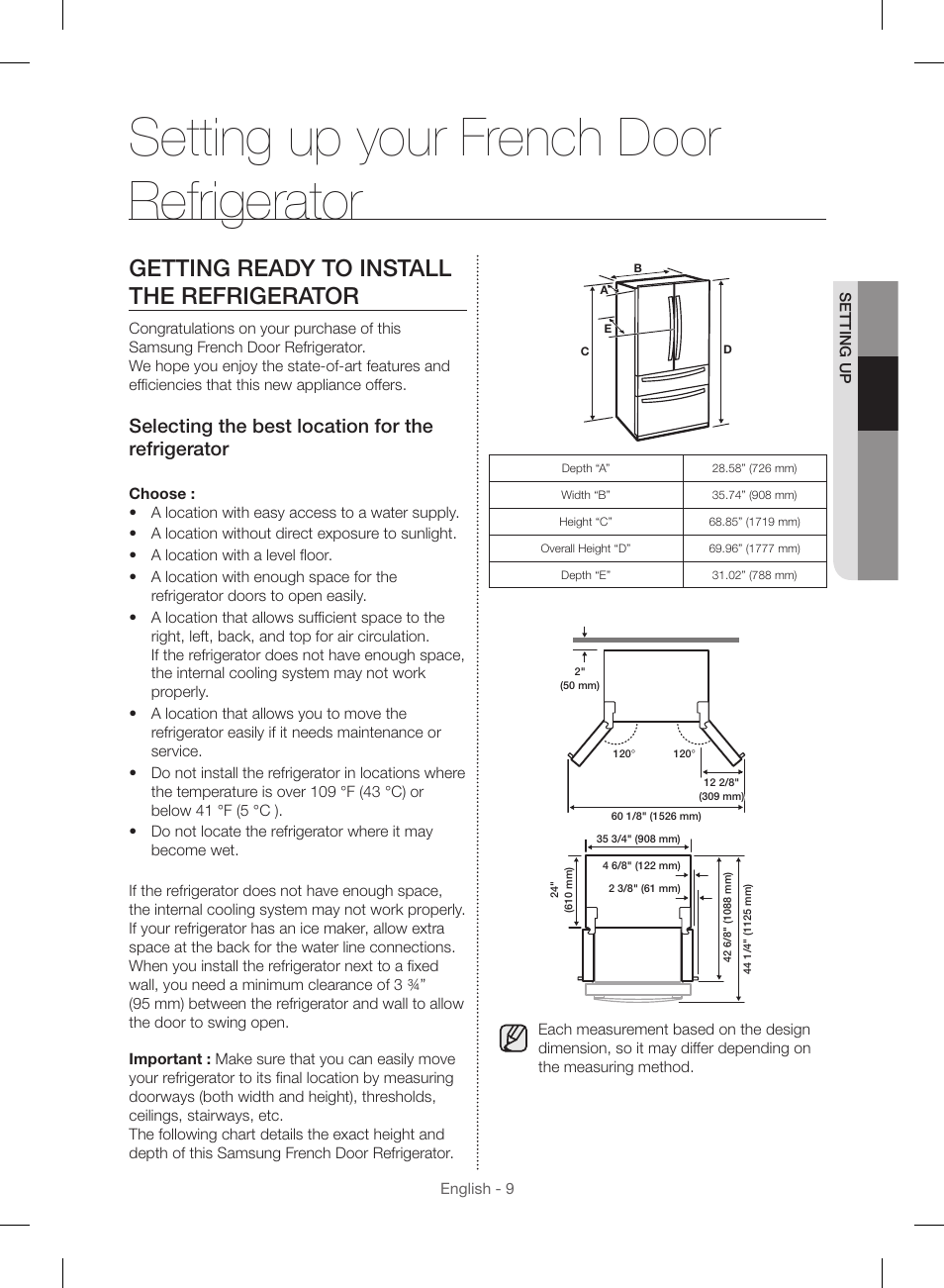 Setting up your french door refrigerator, Getting ready to install the refrigerator, Selecting the best location for the refrigerator | Samsung RF23HSESBSR-AA User Manual | Page 9 / 168