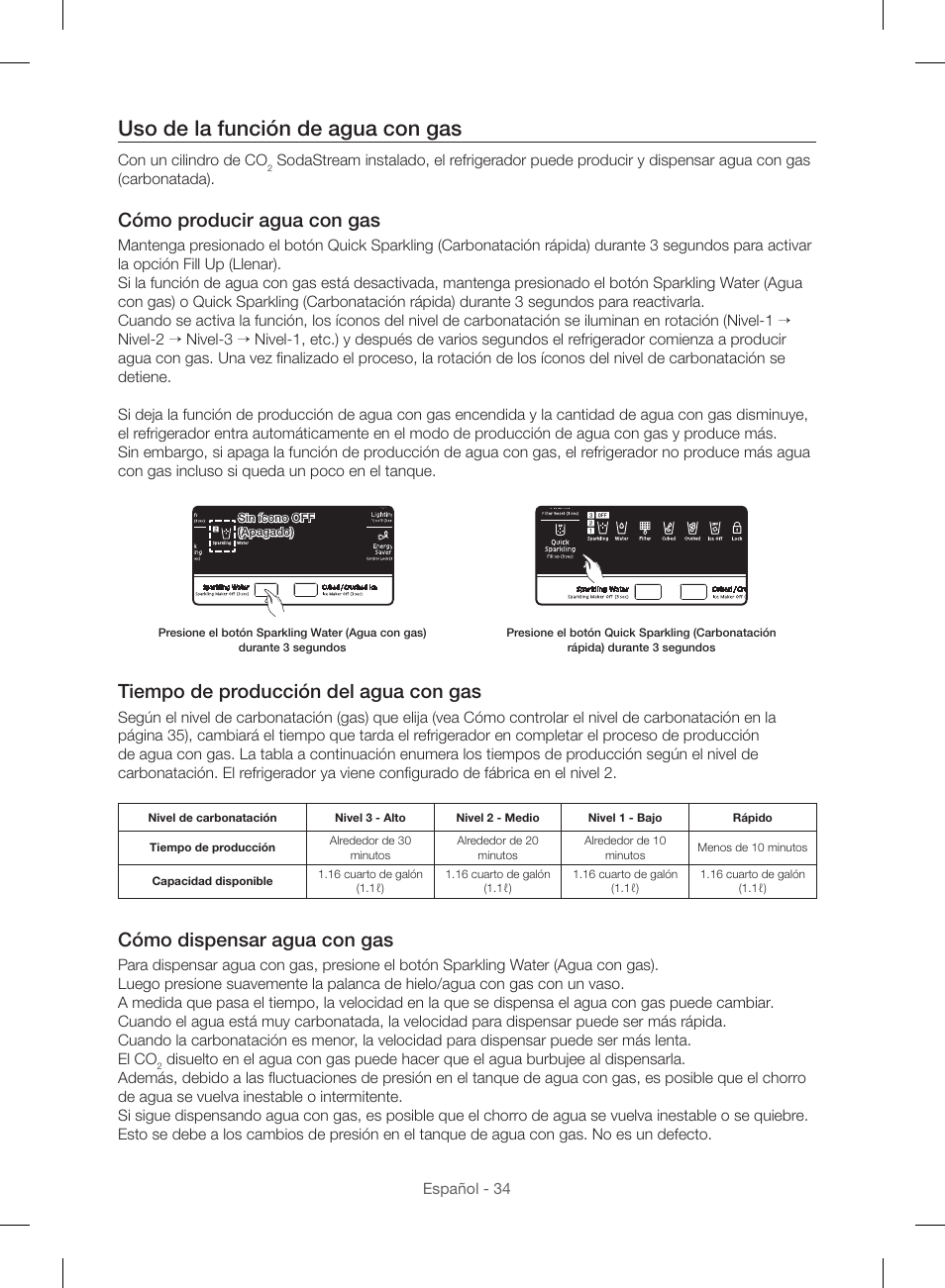 Uso de la función de agua con gas, Cómo producir agua con gas, Tiempo de producción del agua con gas | Cómo dispensar agua con gas | Samsung RF23HSESBSR-AA User Manual | Page 90 / 168