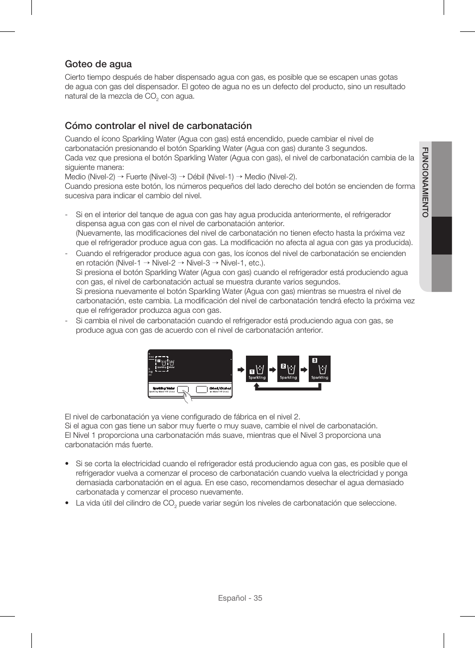 Goteo de agua, Cómo controlar el nivel de carbonatación | Samsung RF23HSESBSR-AA User Manual | Page 91 / 168