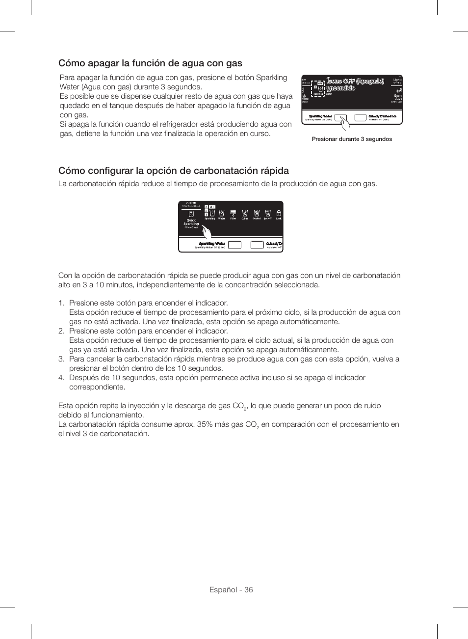 Cómo apagar la función de agua con gas, Cómo configurar la opción de carbonatación rápida | Samsung RF23HSESBSR-AA User Manual | Page 92 / 168