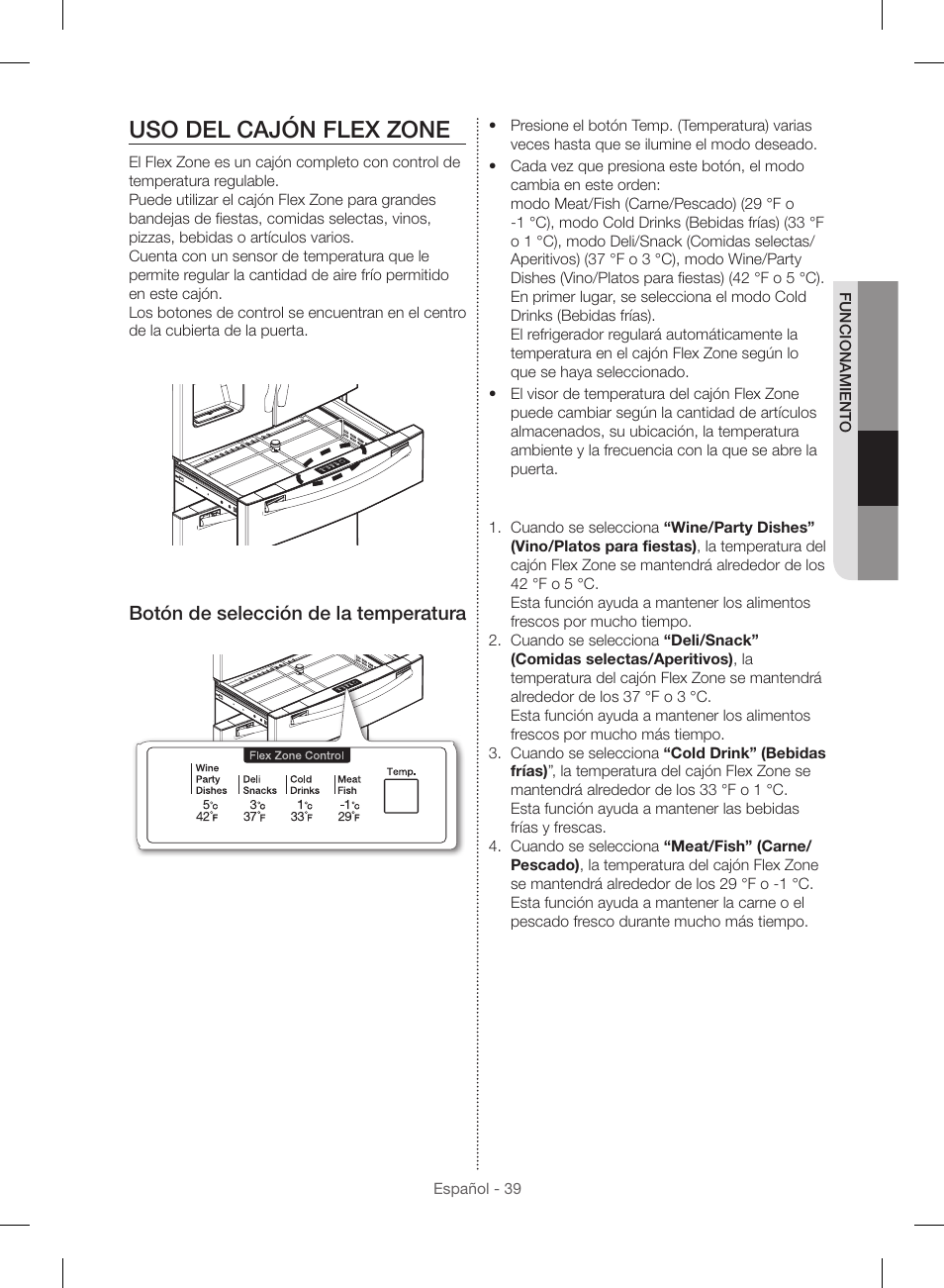 Uso del cajón flex zone, Botón de selección de la temperatura | Samsung RF23HSESBSR-AA User Manual | Page 95 / 168