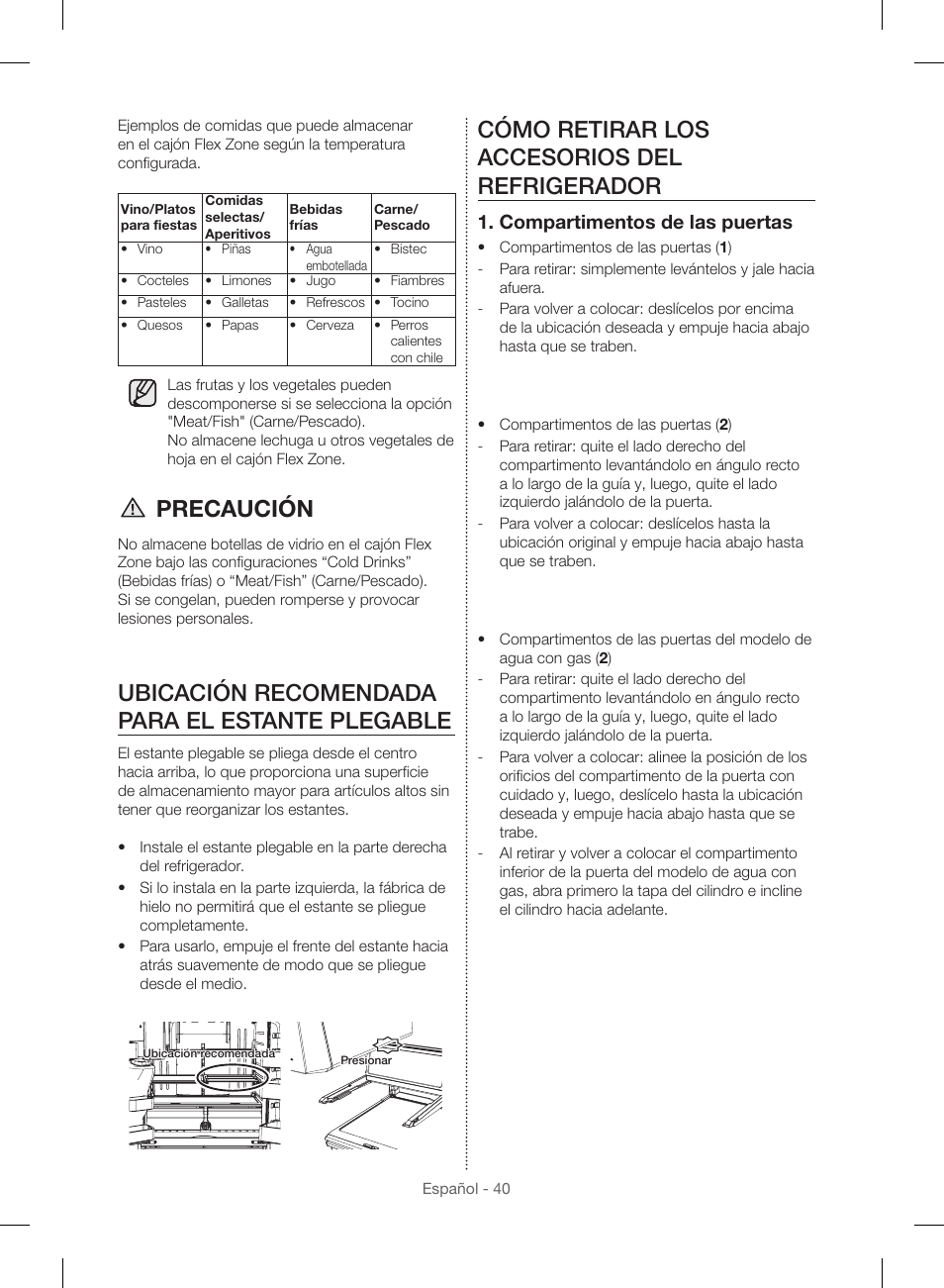 Precaución, Ubicación recomendada para el estante plegable, Cómo retirar los accesorios del refrigerador | Compartimentos de las puertas | Samsung RF23HSESBSR-AA User Manual | Page 96 / 168