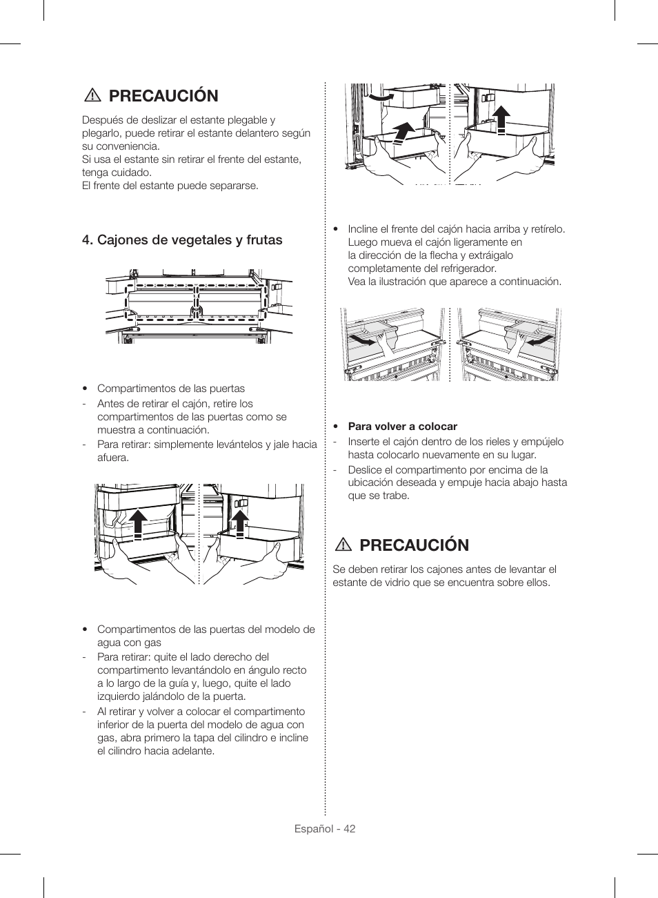Precaución, Cajones de vegetales y frutas | Samsung RF23HSESBSR-AA User Manual | Page 98 / 168