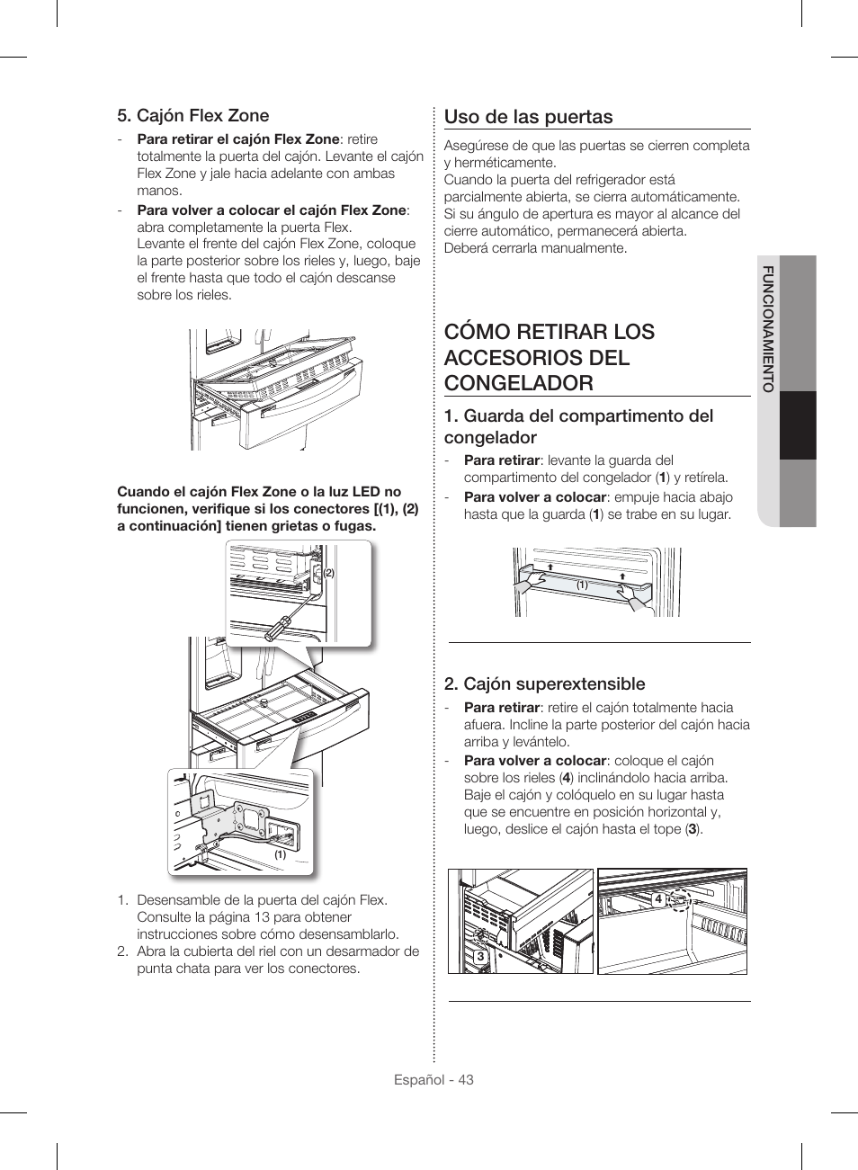 Cómo retirar los accesorios del congelador, Uso de las puertas, Cajón flex zone | Guarda del compartimento del congelador, Cajón superextensible | Samsung RF23HSESBSR-AA User Manual | Page 99 / 168