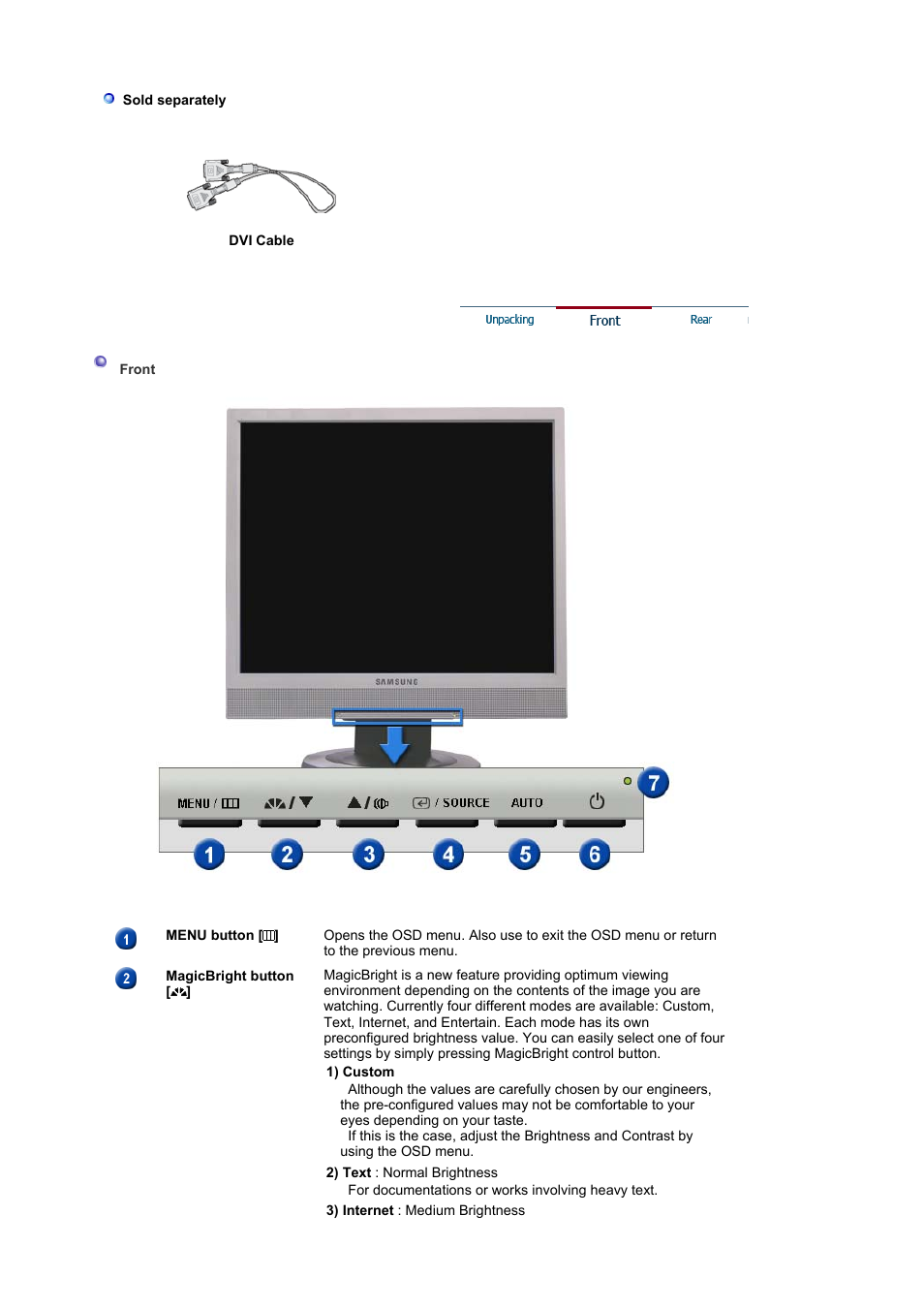 Front, Rear | Samsung LS19MJSTSE-XAA User Manual | Page 10 / 73
