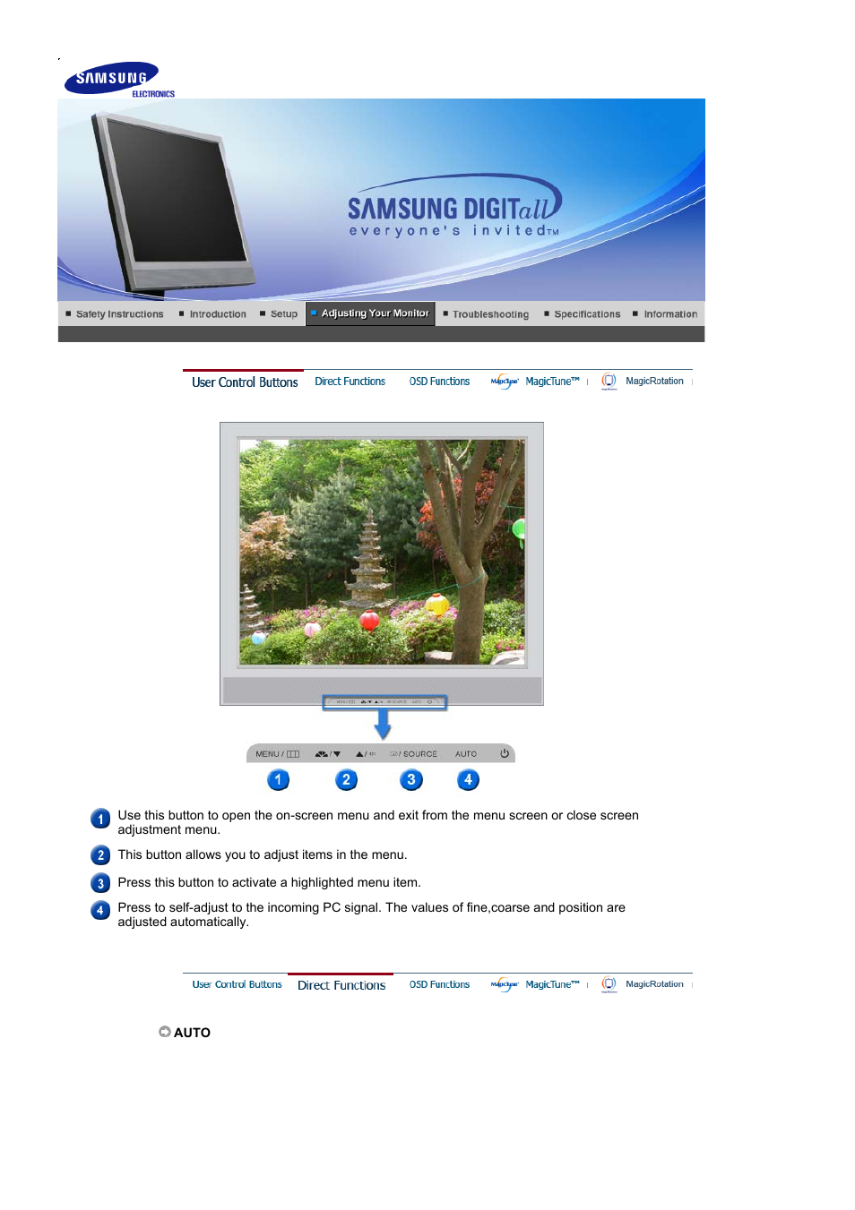 User control buttons, Direct functions | Samsung LS19MJSTSE-XAA User Manual | Page 22 / 73
