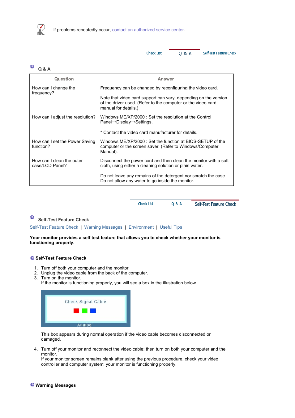 Q & a, Self-test feature check | Samsung LS19MJSTSE-XAA User Manual | Page 61 / 73
