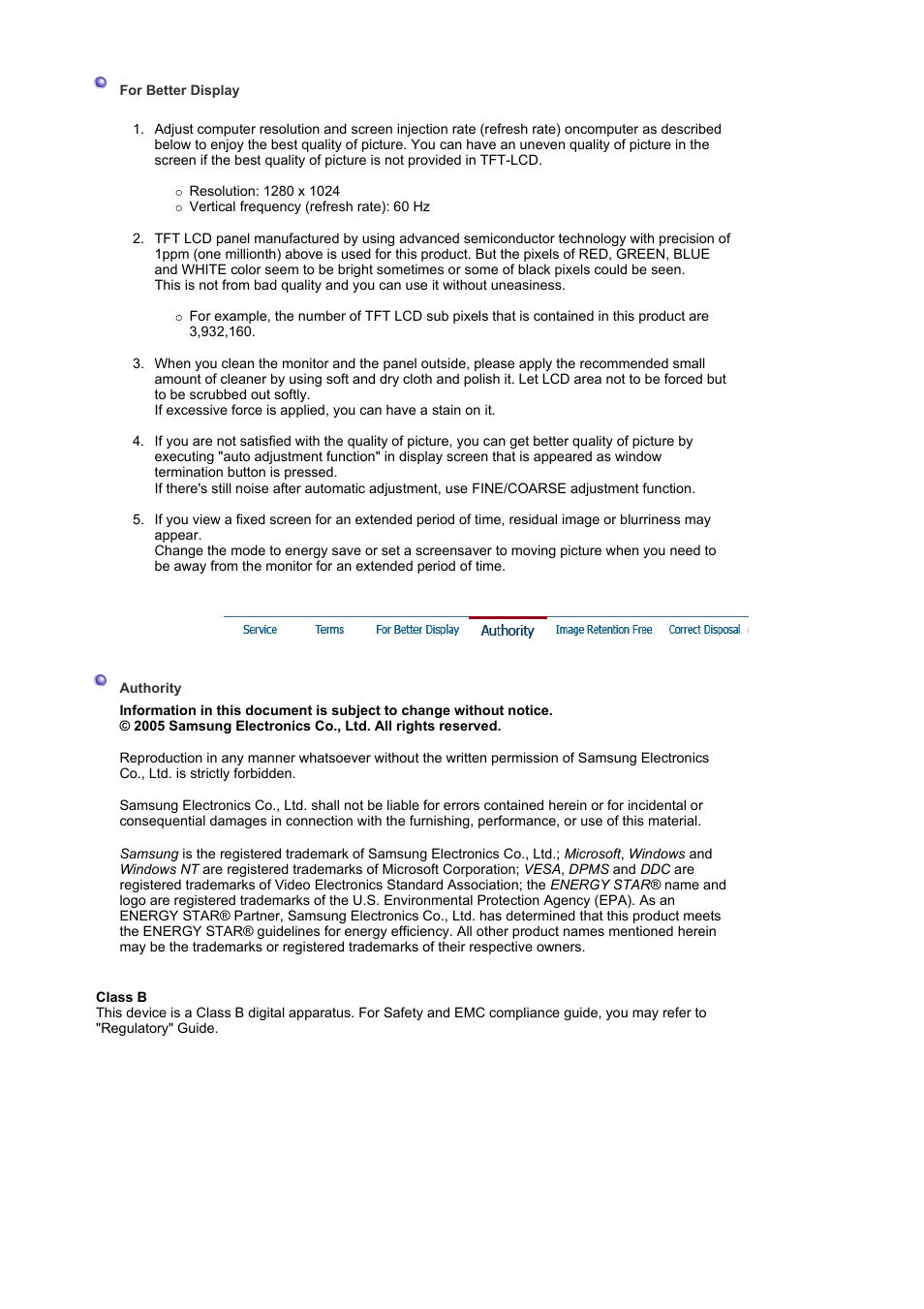 Authority, Image retention free | Samsung LS19MJSTSE-XAA User Manual | Page 70 / 73
