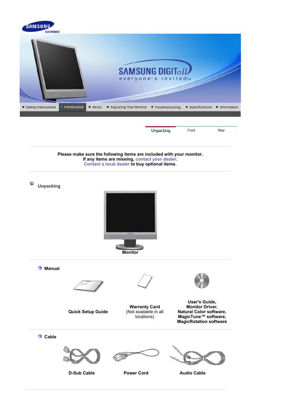 Unpacking | Samsung LS19MJSTSE-XAA User Manual | Page 9 / 73