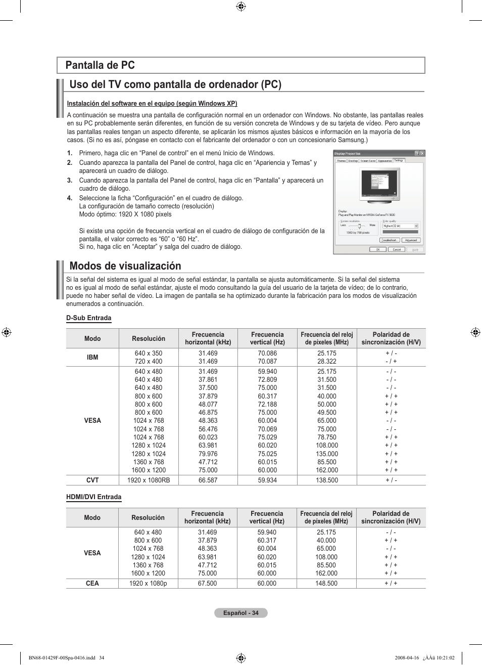 Uso del tv como pantalla de ordenador (pc), Modos de visualización pantalla de pc | Samsung LN52A610A3RXZP User Manual | Page 100 / 129