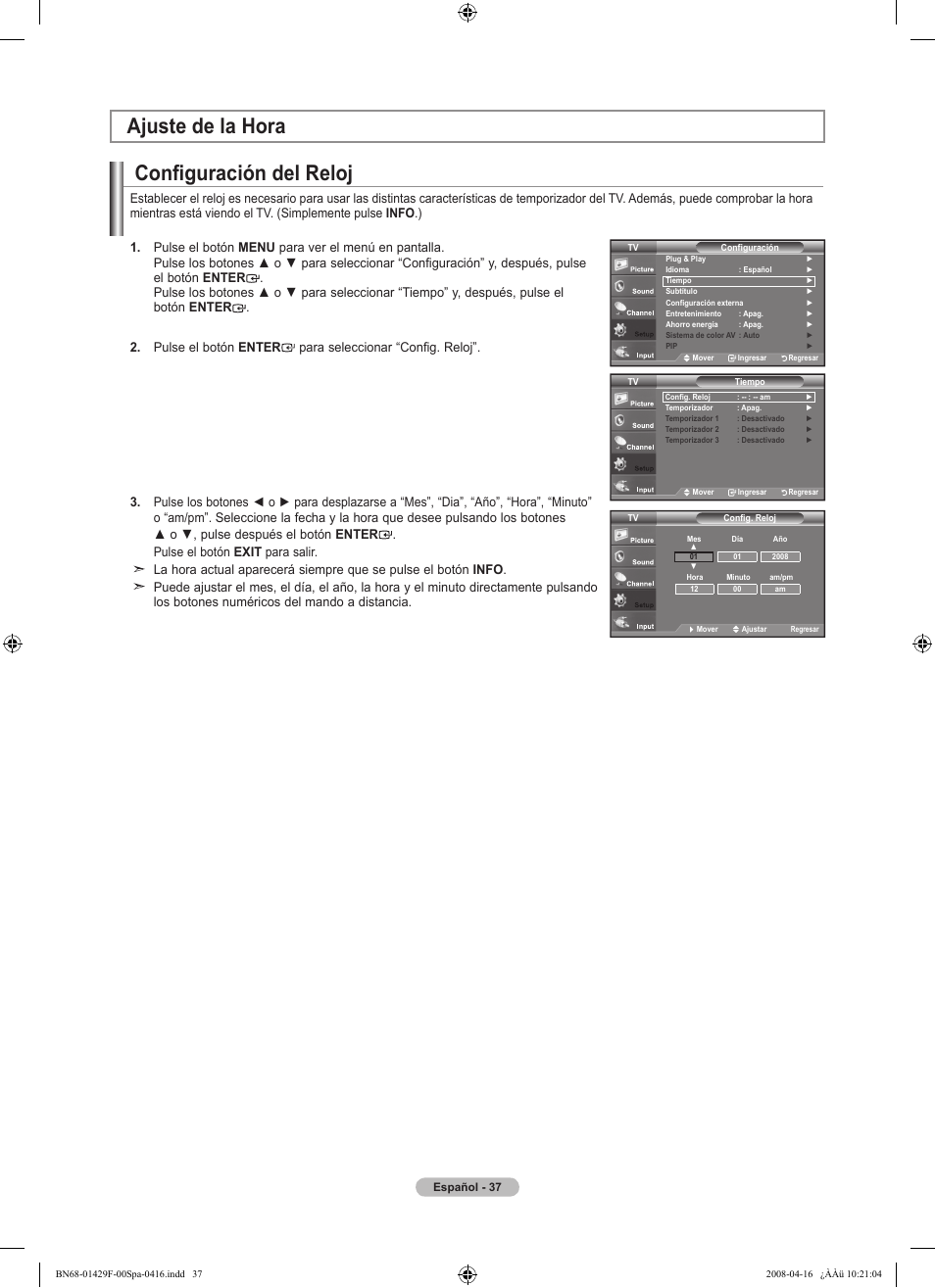 Configuración del reloj, Ajuste de la hora | Samsung LN52A610A3RXZP User Manual | Page 103 / 129