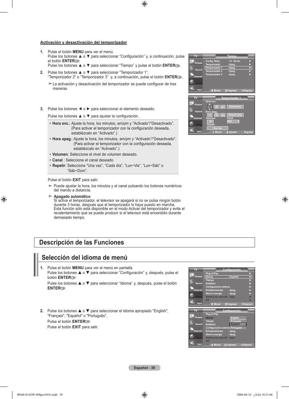 Selección del idioma de menú, Descripción de las funciones | Samsung LN52A610A3RXZP User Manual | Page 105 / 129