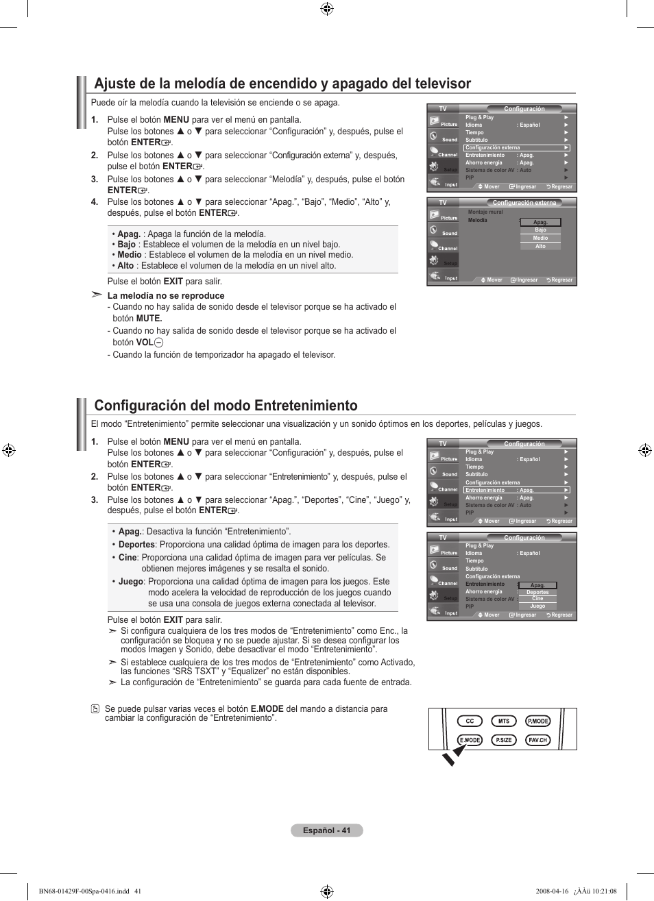 Configuración del modo entretenimiento | Samsung LN52A610A3RXZP User Manual | Page 107 / 129