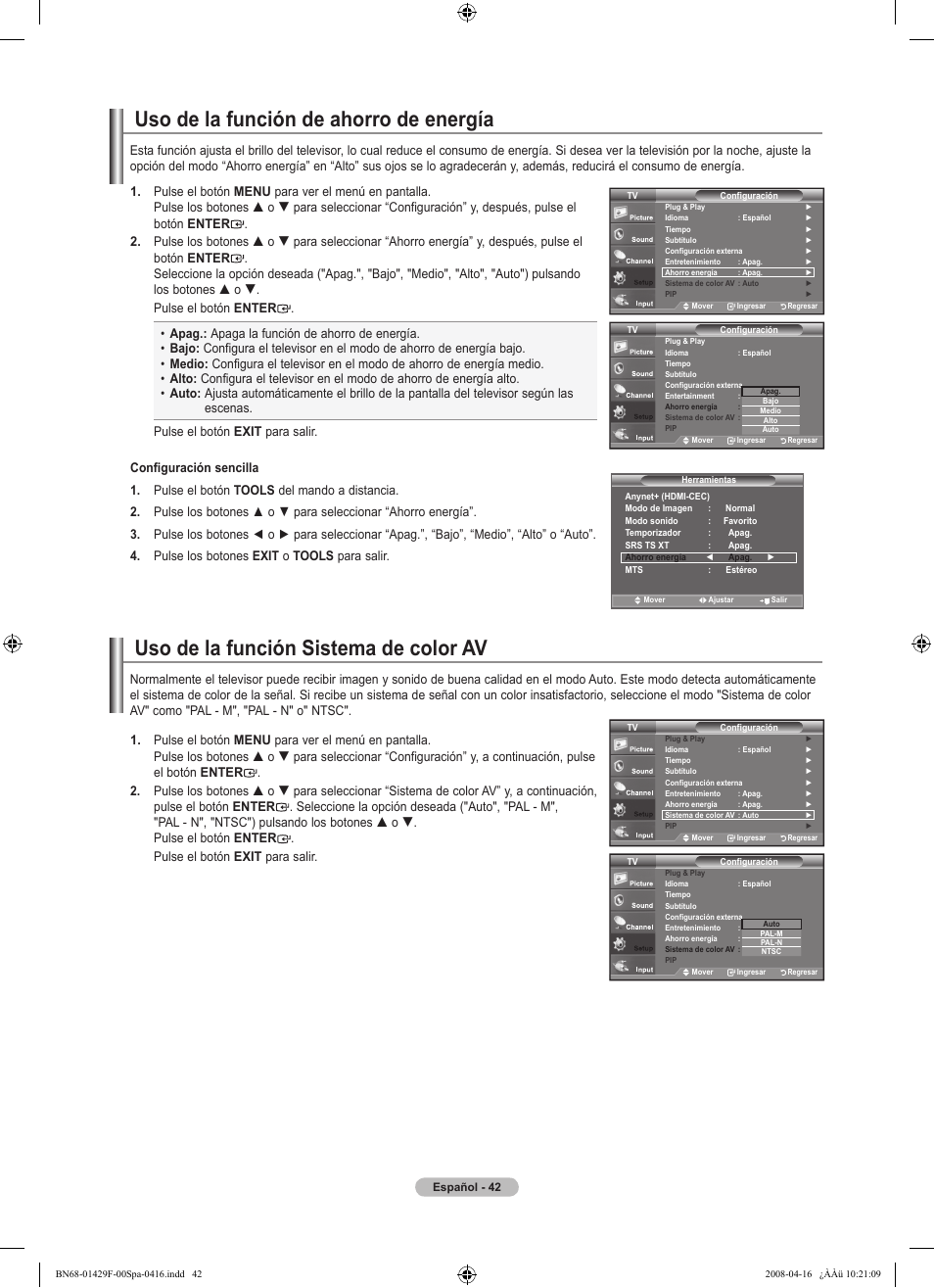 Uso de la función sistema de color av, Uso de la función de ahorro de energía | Samsung LN52A610A3RXZP User Manual | Page 108 / 129