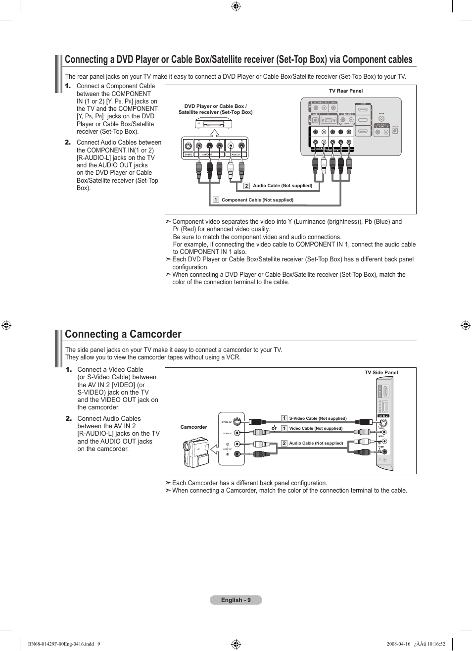 Connecting a camcorder | Samsung LN52A610A3RXZP User Manual | Page 11 / 129