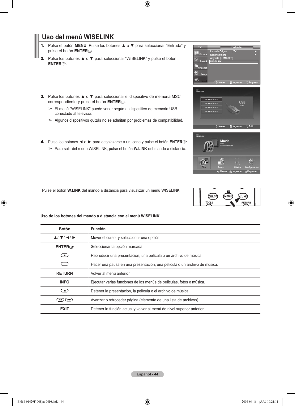 Uso del menú wiselink | Samsung LN52A610A3RXZP User Manual | Page 110 / 129