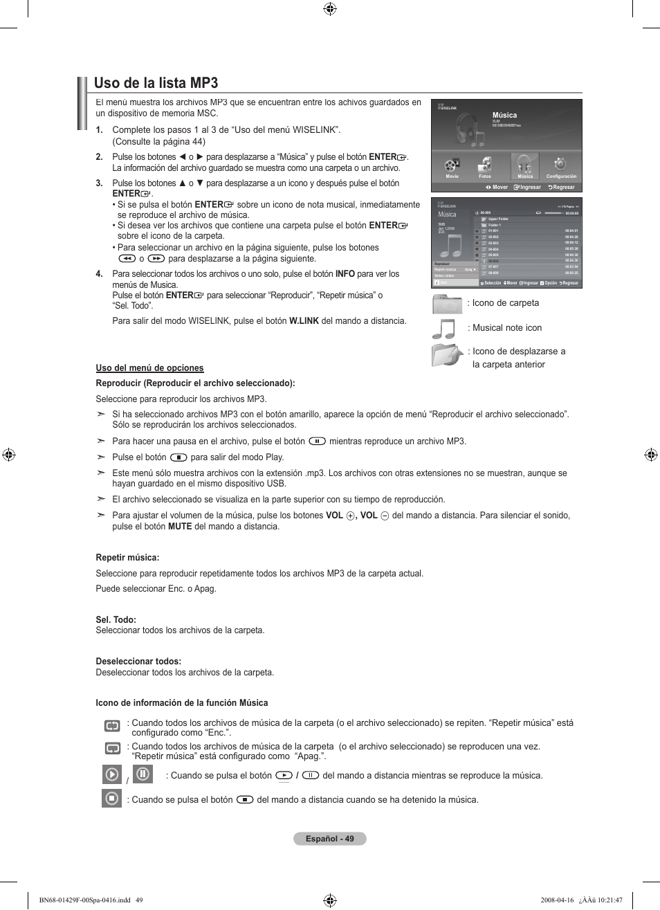 Uso de la lista mp | Samsung LN52A610A3RXZP User Manual | Page 115 / 129