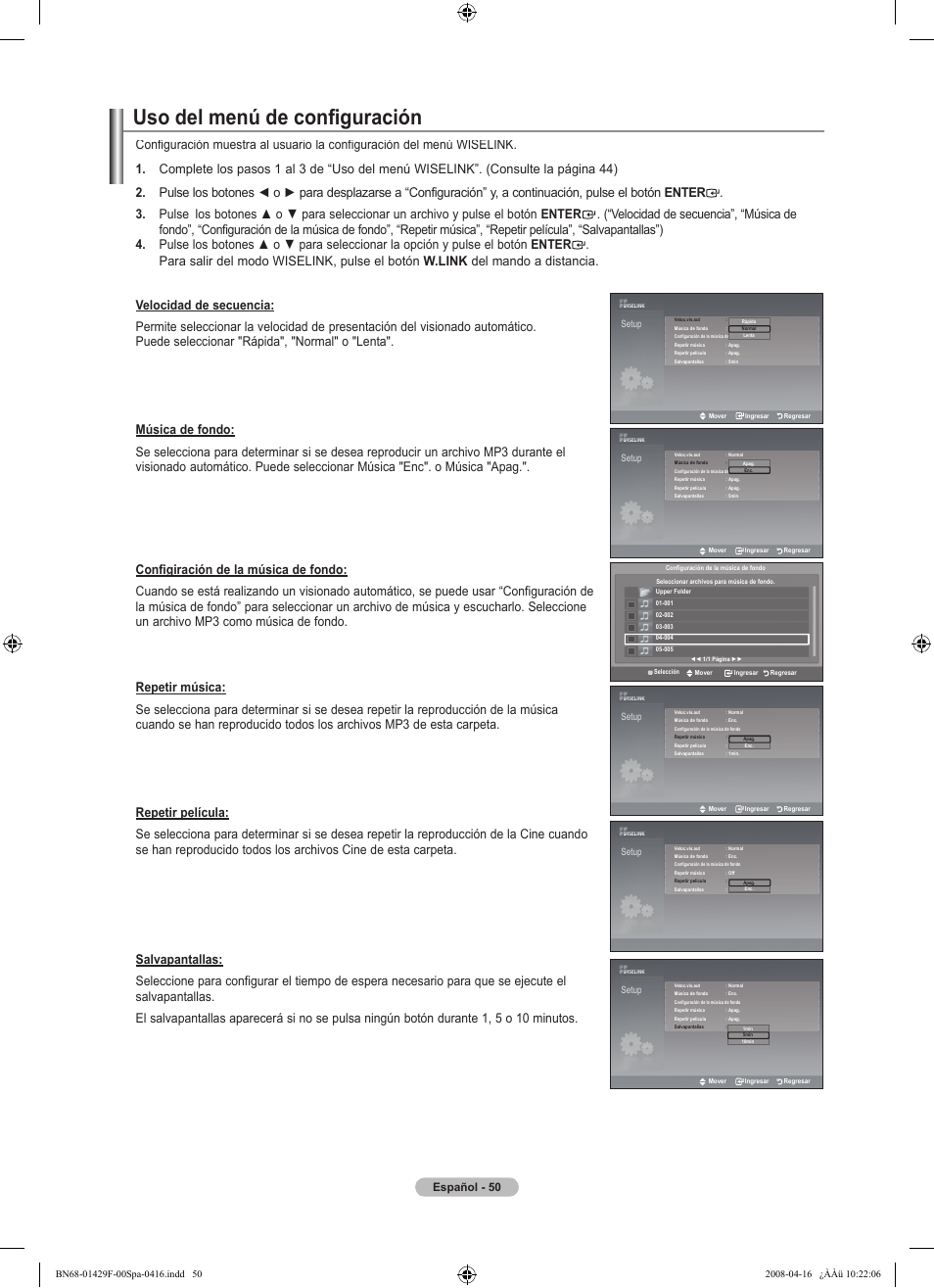 Uso del menú de configuración, Español - 0 | Samsung LN52A610A3RXZP User Manual | Page 116 / 129
