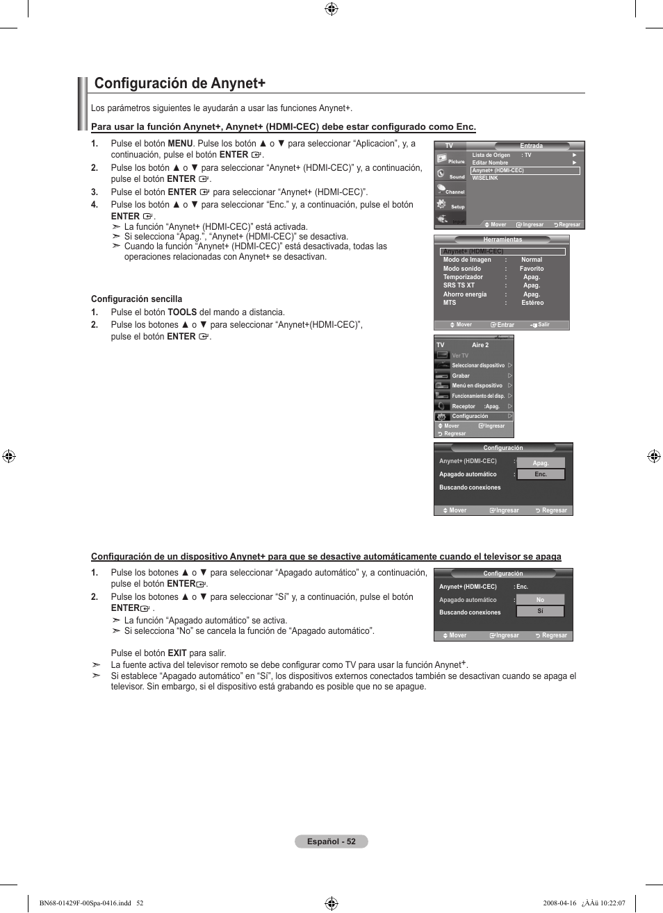 Configuración de anynet | Samsung LN52A610A3RXZP User Manual | Page 118 / 129