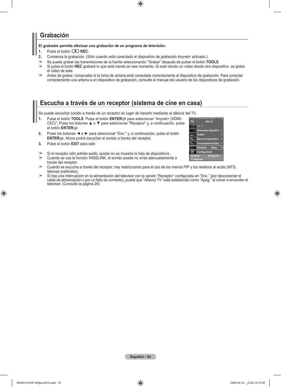 Grabación | Samsung LN52A610A3RXZP User Manual | Page 120 / 129