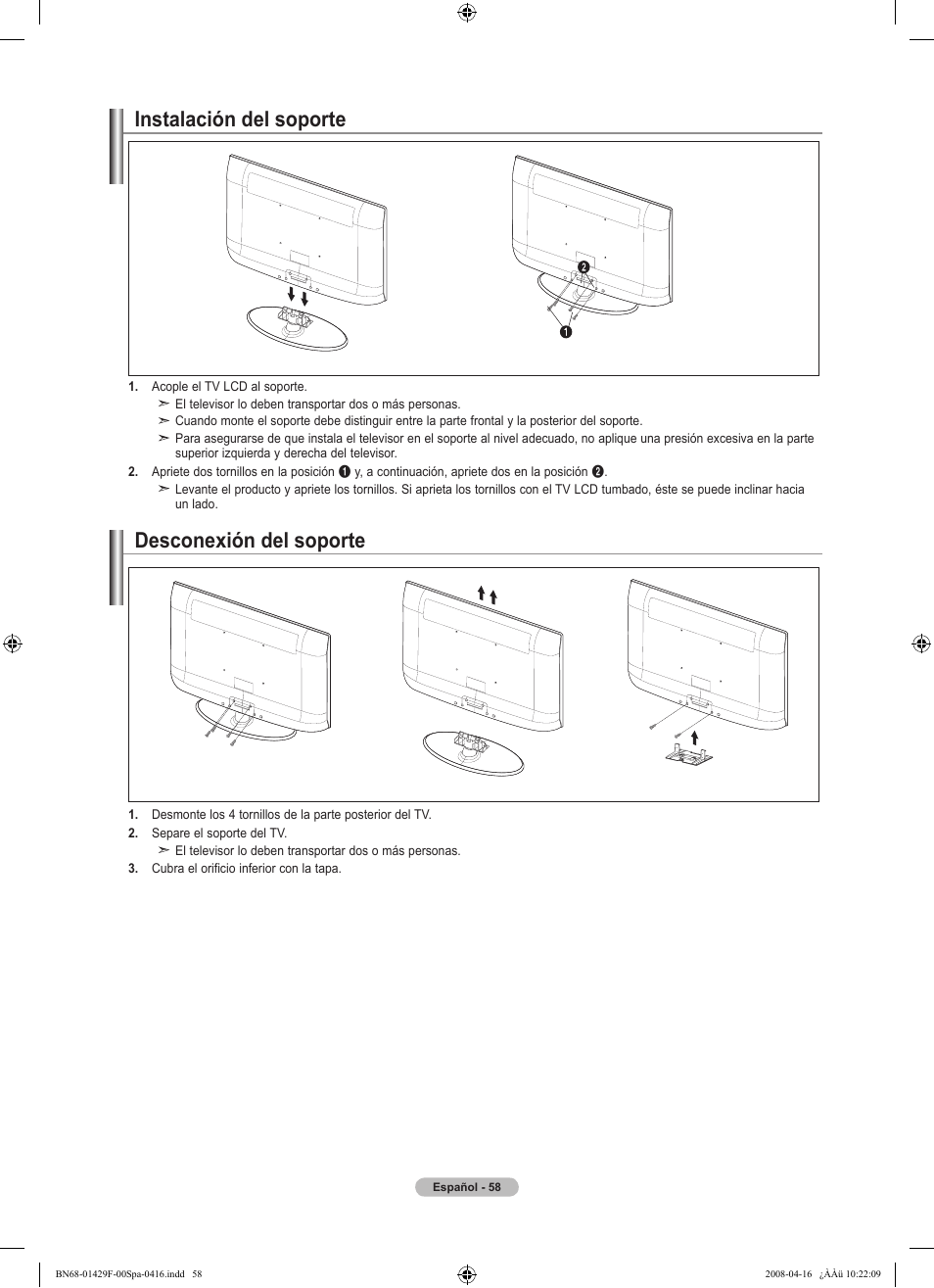 Instalación del soporte desconexión del soporte | Samsung LN52A610A3RXZP User Manual | Page 124 / 129