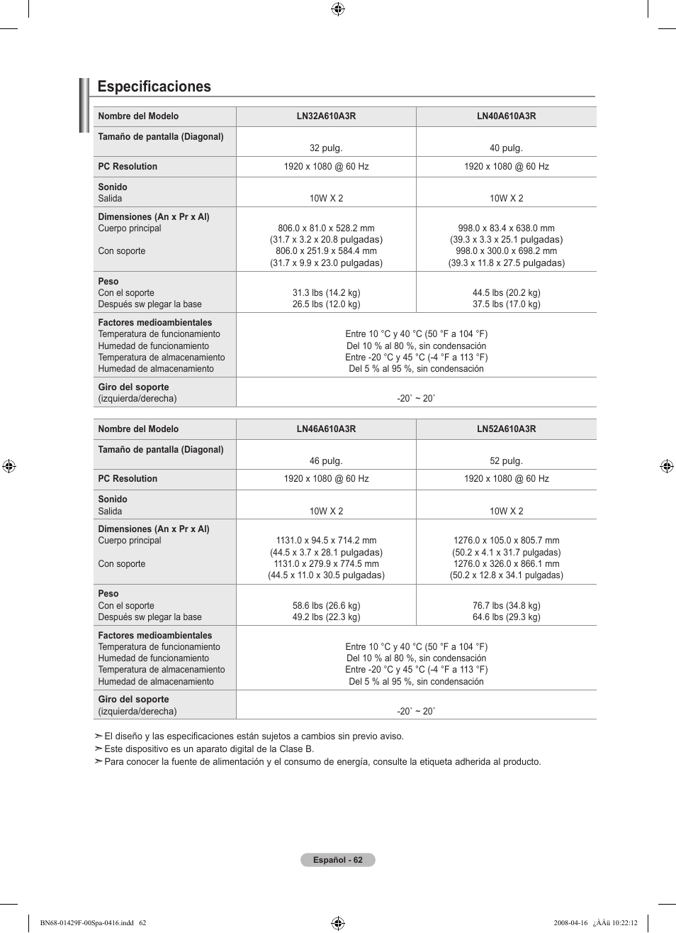 Especificaciones | Samsung LN52A610A3RXZP User Manual | Page 128 / 129