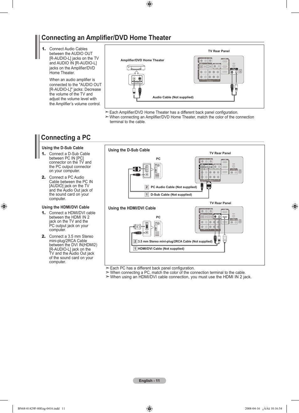 Connecting an amplifier/dvd home theater, Connecting a pc | Samsung LN52A610A3RXZP User Manual | Page 13 / 129