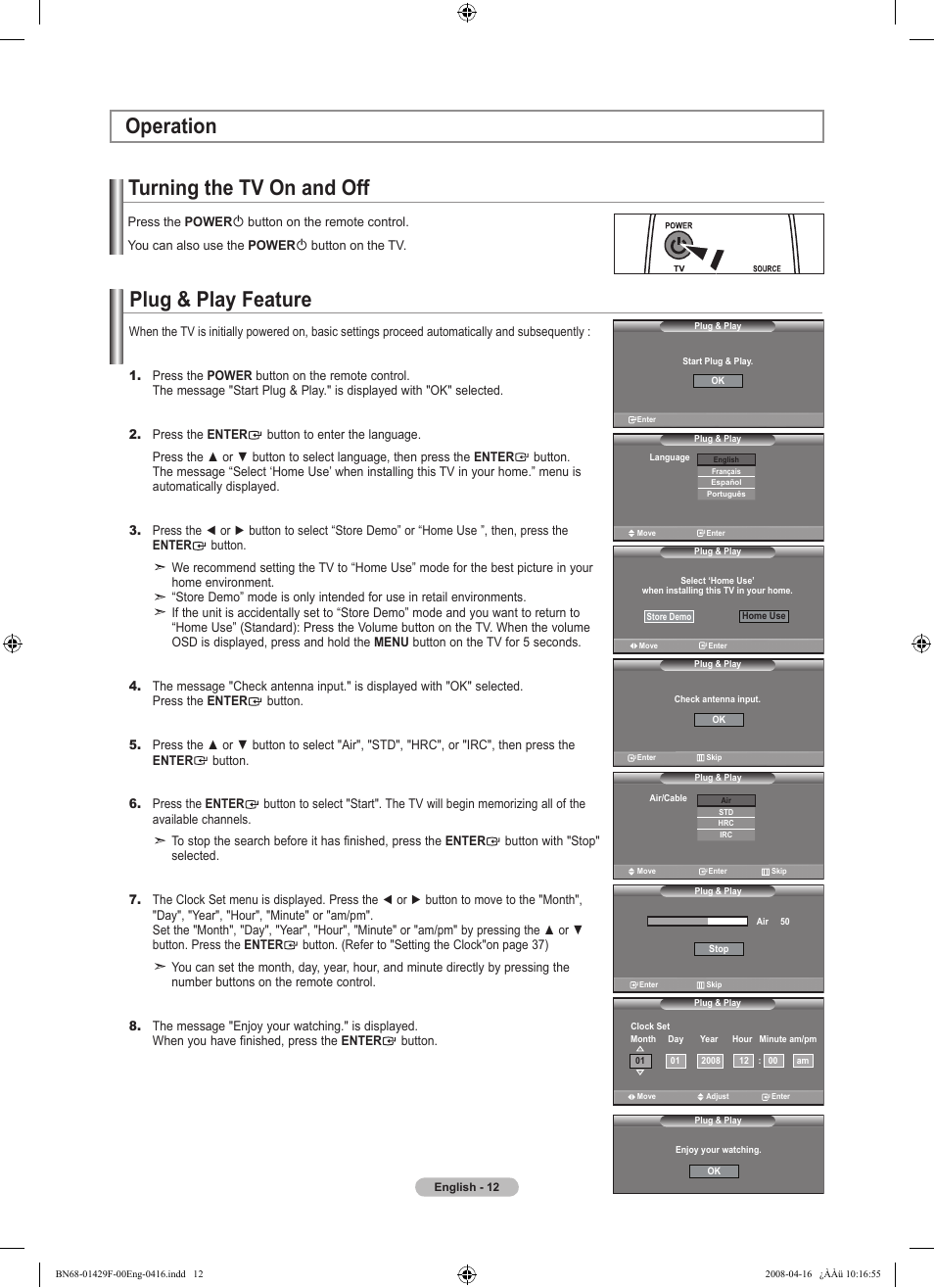 Operation, Turning the tv on and off, Plug & play feature | Operation plug & play feature | Samsung LN52A610A3RXZP User Manual | Page 14 / 129