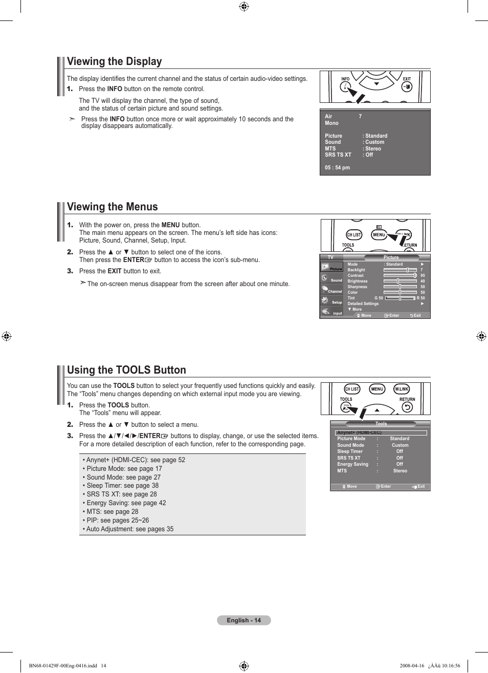 Viewing the display, Viewing the menus, Using the tools button | Samsung LN52A610A3RXZP User Manual | Page 16 / 129