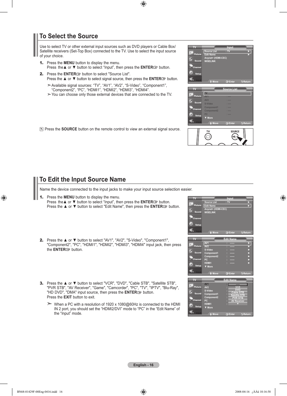 To select the source, To edit the input source name | Samsung LN52A610A3RXZP User Manual | Page 18 / 129