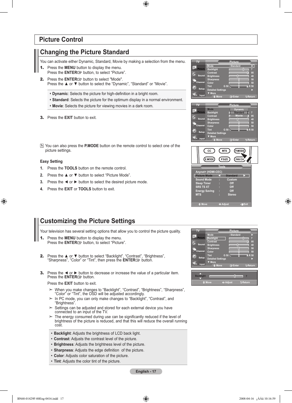 Picture control, Changing the picture standard, Customizing the picture settings | Picture control customizing the picture settings | Samsung LN52A610A3RXZP User Manual | Page 19 / 129