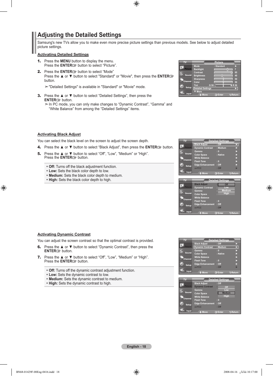 Adjusting the detailed settings | Samsung LN52A610A3RXZP User Manual | Page 20 / 129