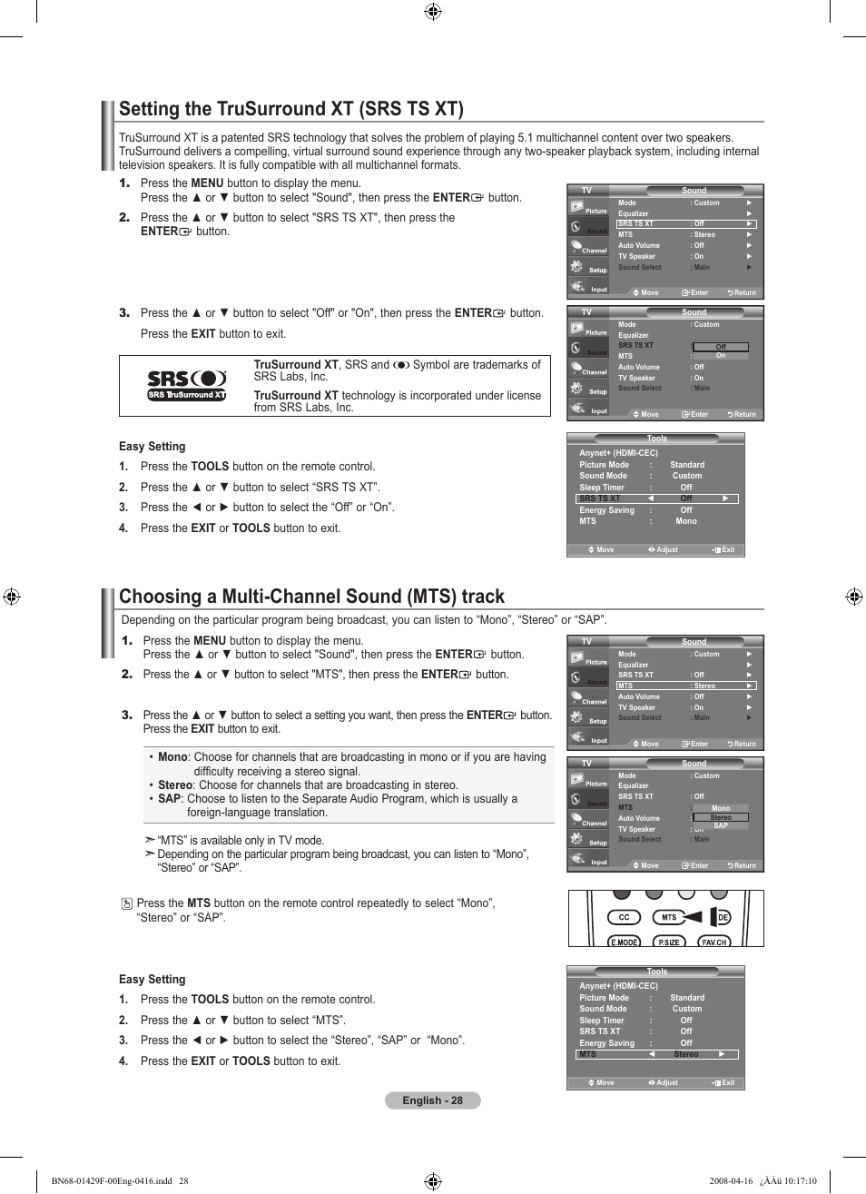 Setting the trusurround xt (srs ts xt), Choosing a multi-channel sound (mts) track | Samsung LN52A610A3RXZP User Manual | Page 30 / 129