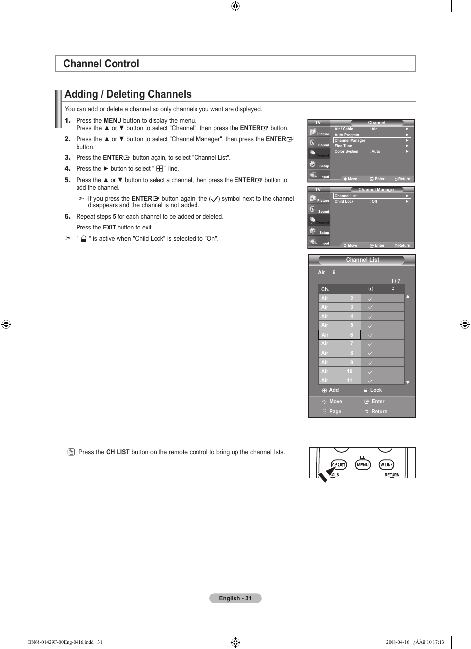 Channel control, Adding / deleting channels, Channel control adding / deleting channels | Samsung LN52A610A3RXZP User Manual | Page 33 / 129