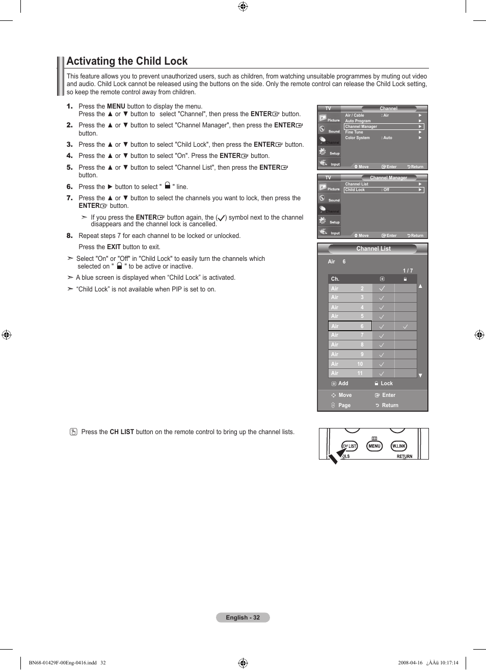 Activating the child lock | Samsung LN52A610A3RXZP User Manual | Page 34 / 129