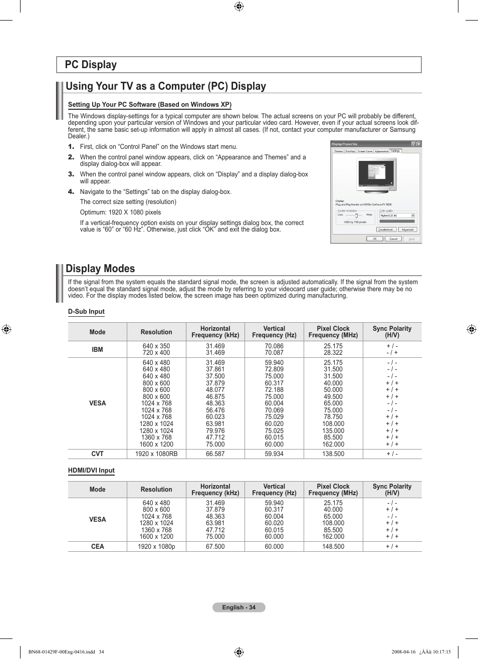 Pc display, Using your tv as a computer (pc) display, Display modes | Samsung LN52A610A3RXZP User Manual | Page 36 / 129