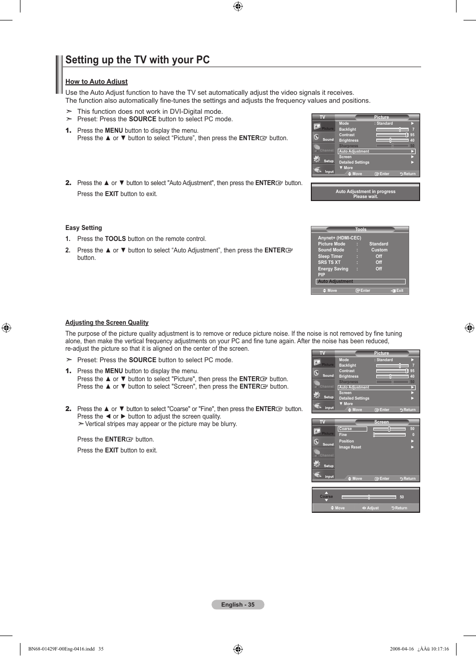 Setting up the tv with your pc, This function does not work in dvi-digital mode | Samsung LN52A610A3RXZP User Manual | Page 37 / 129