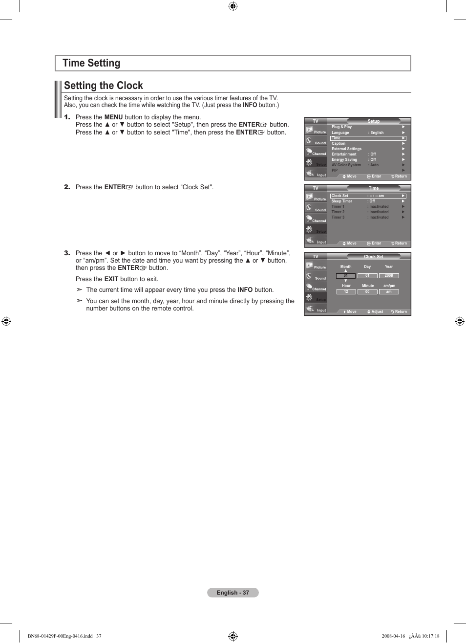 Time setting, Setting the clock | Samsung LN52A610A3RXZP User Manual | Page 39 / 129