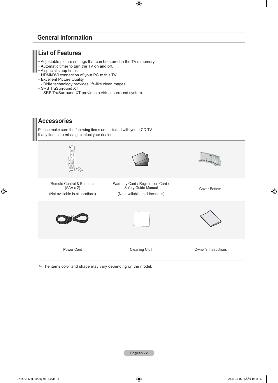 General information, List of features, Accessories | General information list of features | Samsung LN52A610A3RXZP User Manual | Page 4 / 129