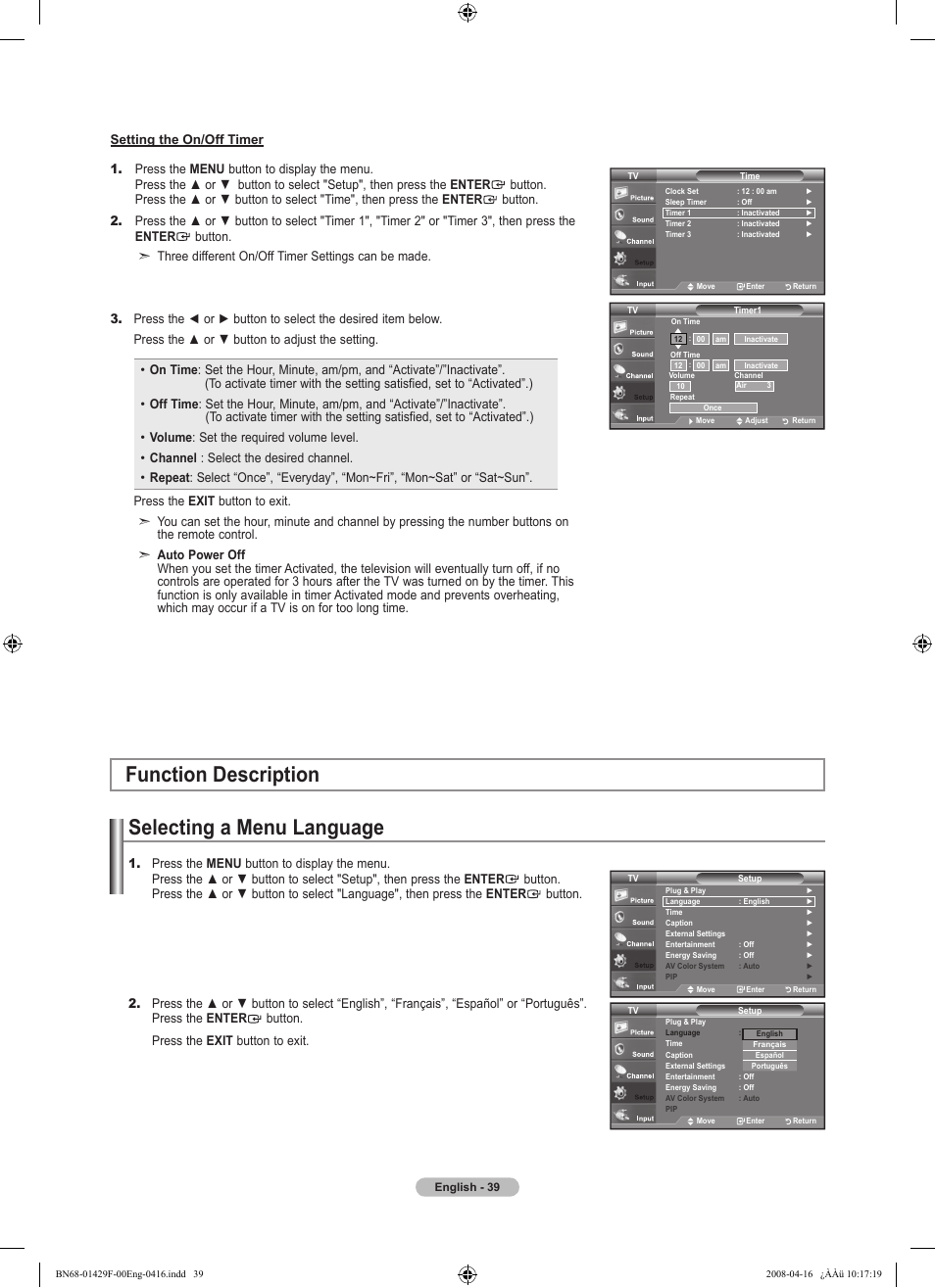 Function description, Selecting a menu language | Samsung LN52A610A3RXZP User Manual | Page 41 / 129