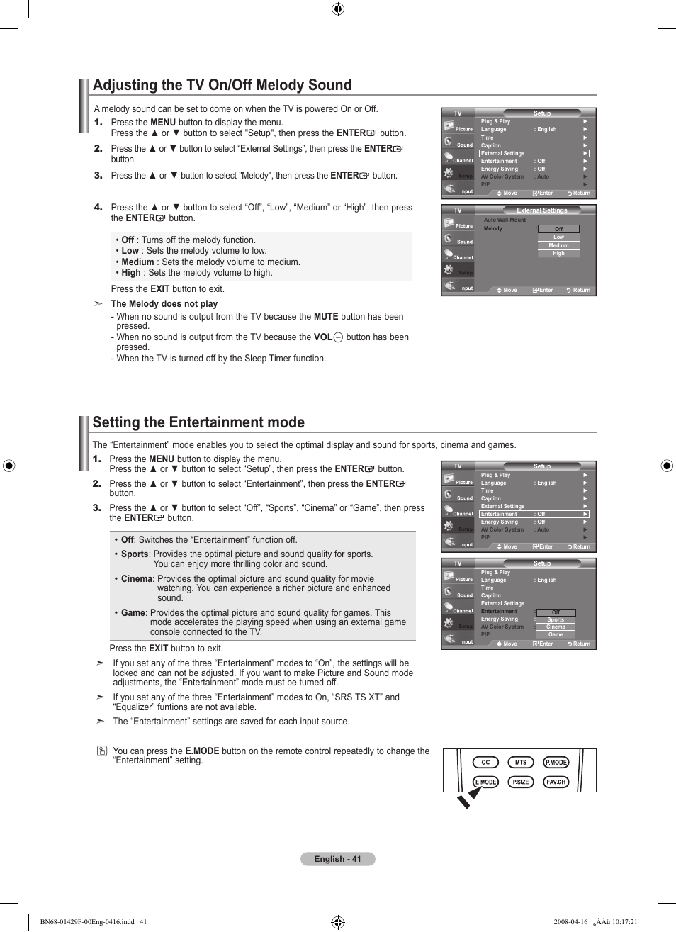 Adjusting the tv on/off melody sound, Setting the entertainment mode | Samsung LN52A610A3RXZP User Manual | Page 43 / 129