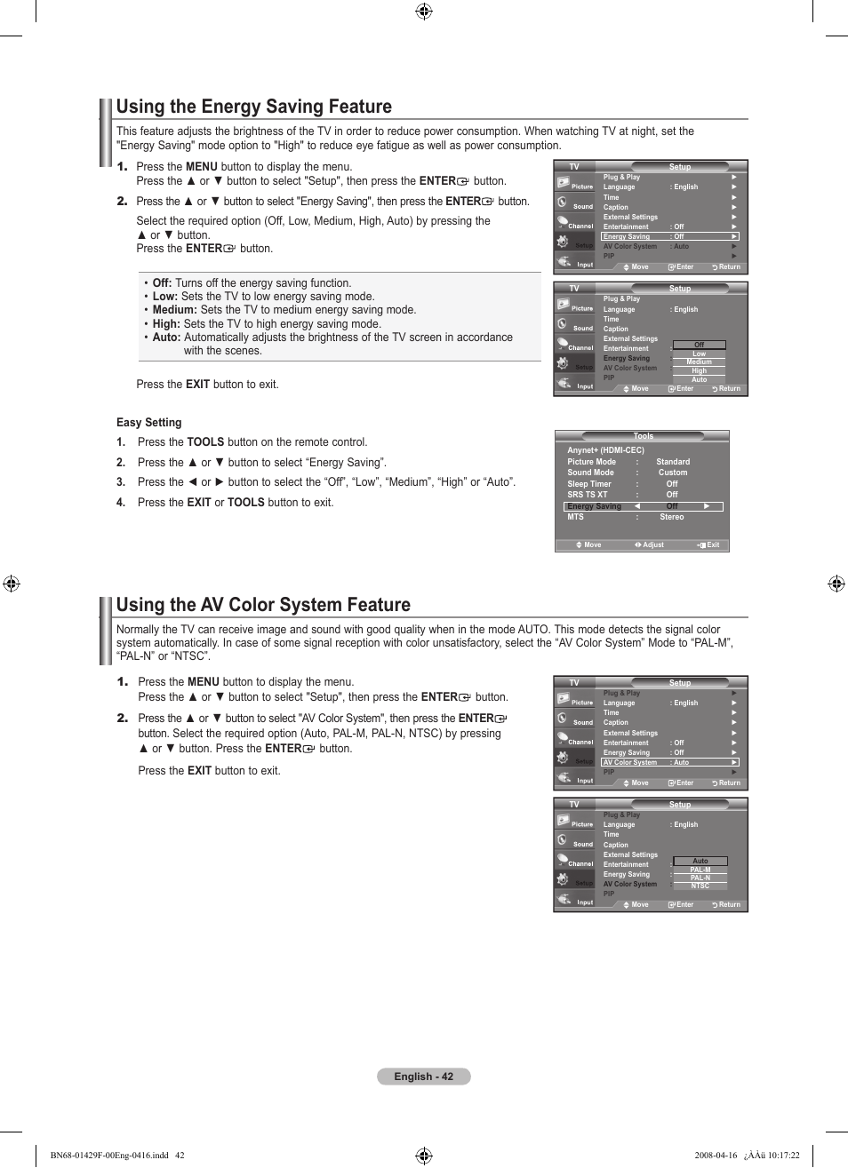 Using the energy saving feature, Using the av color system feature | Samsung LN52A610A3RXZP User Manual | Page 44 / 129