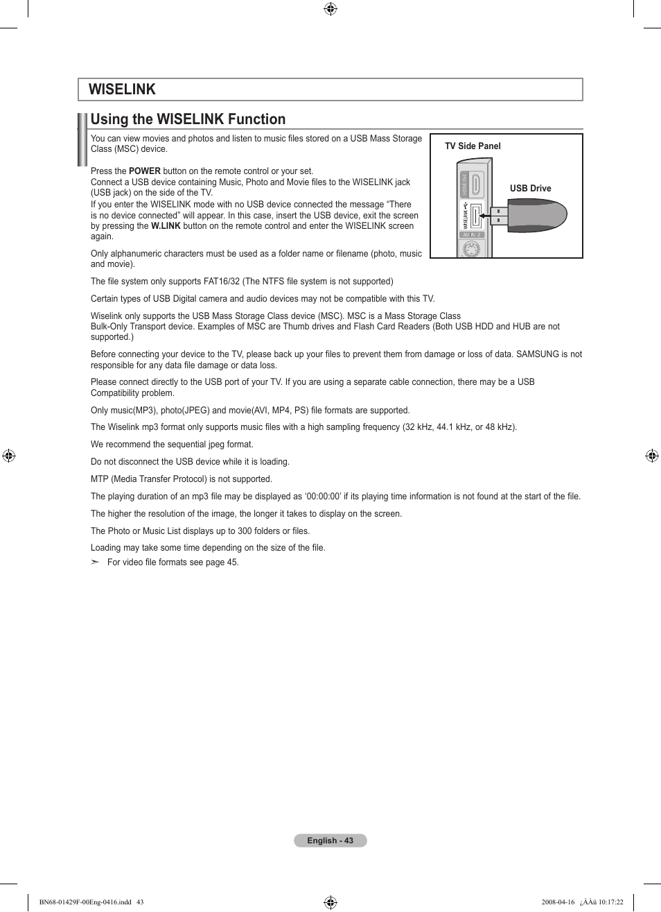 Wiselink, Using the wiselink function | Samsung LN52A610A3RXZP User Manual | Page 45 / 129