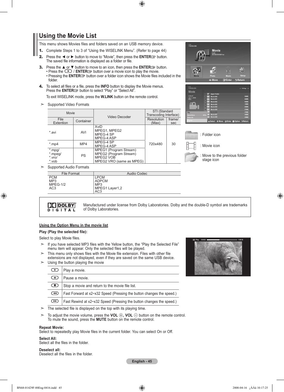 Using the movie list | Samsung LN52A610A3RXZP User Manual | Page 47 / 129