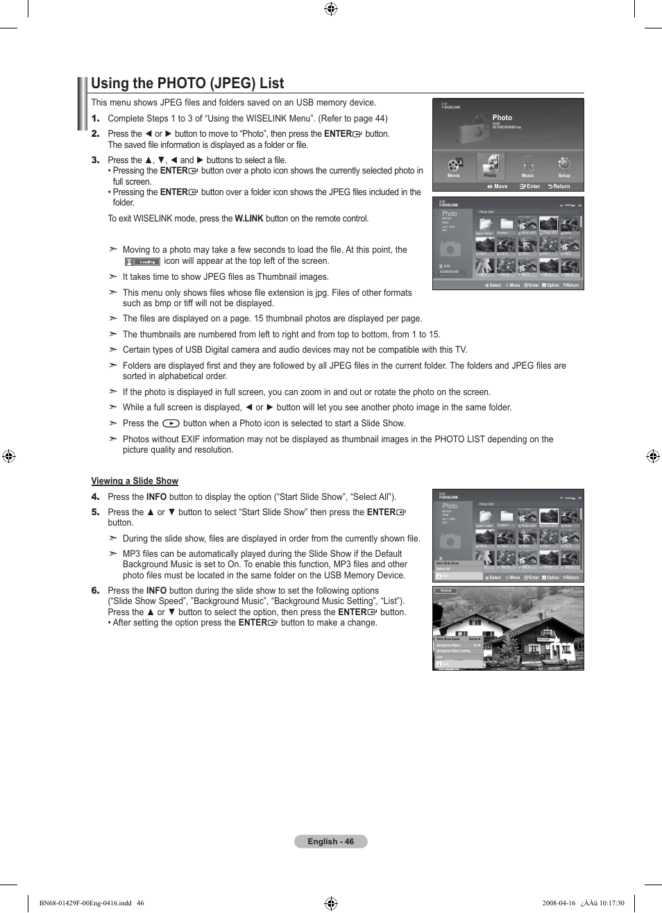Using the photo (jpeg) list | Samsung LN52A610A3RXZP User Manual | Page 48 / 129