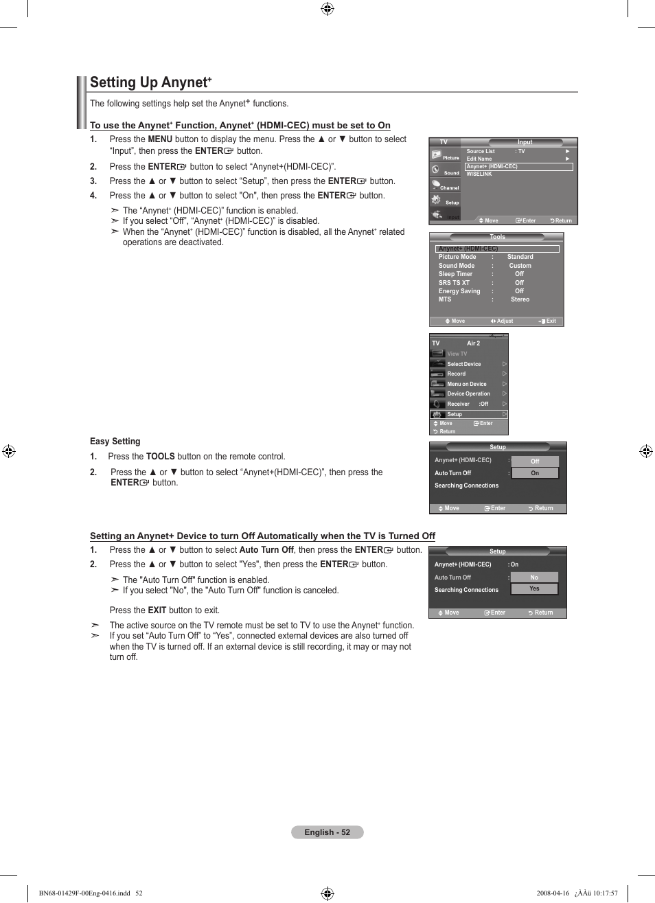 Setting up anynet | Samsung LN52A610A3RXZP User Manual | Page 54 / 129