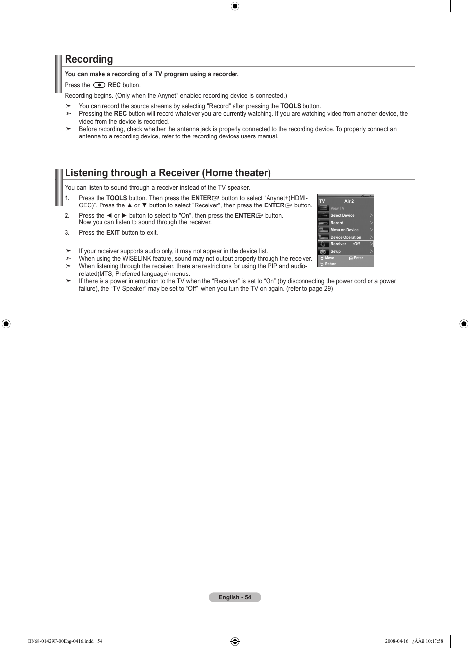 Recording, Listening through a receiver (home theater) | Samsung LN52A610A3RXZP User Manual | Page 56 / 129