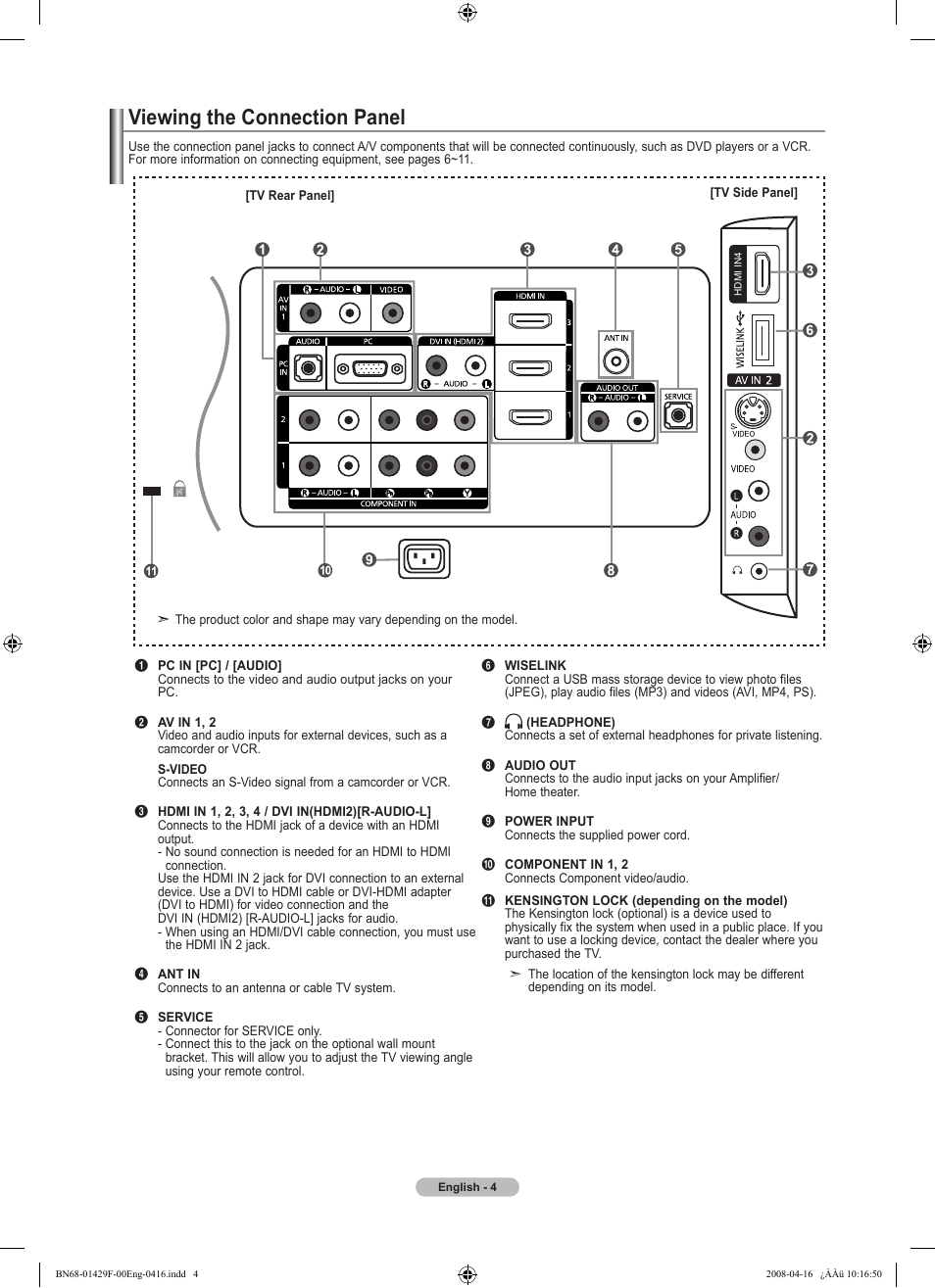 Viewing the connection panel | Samsung LN52A610A3RXZP User Manual | Page 6 / 129